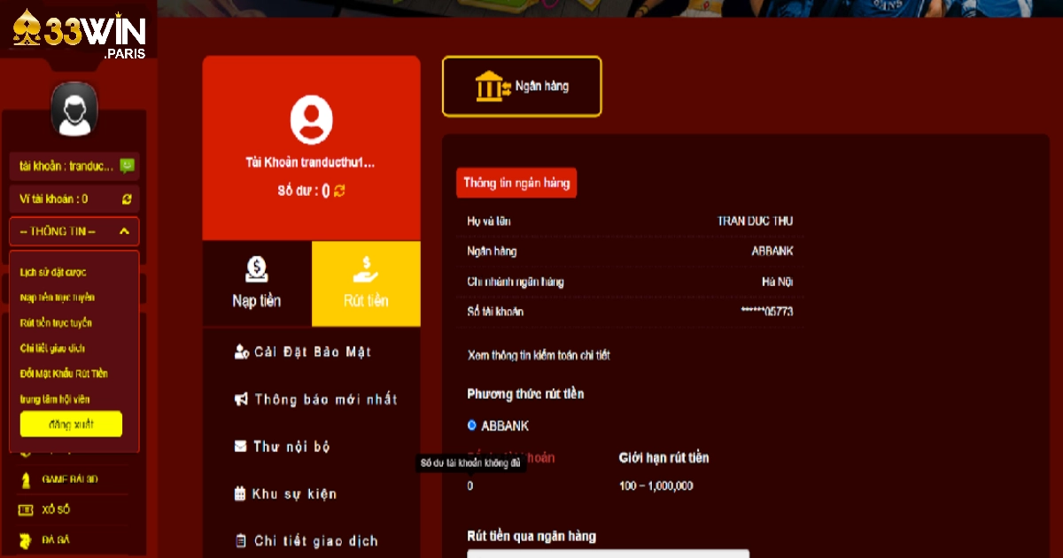 Rút Tiền 33win: Hướng Dẫn Rút Tiền Nhanh Chóng & Chính Xác 3 Số tiền tối thiểu có thể rút & thời gian xử lý